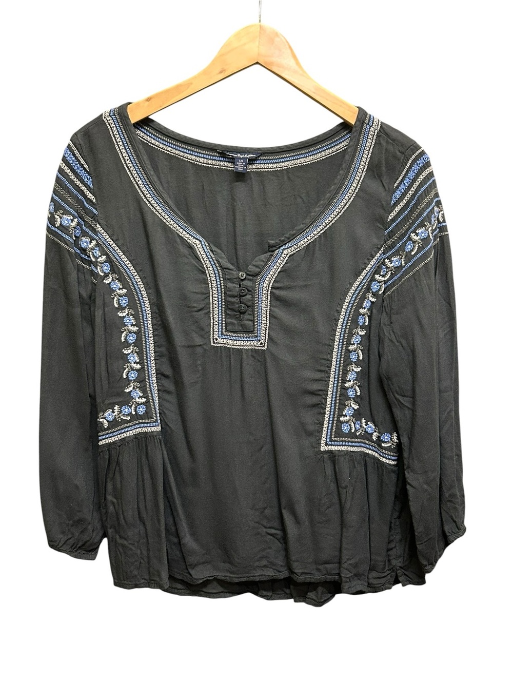 VTG American Eagle Embroidered Boho Peasant Charcoal Gray Top Blouse Size L